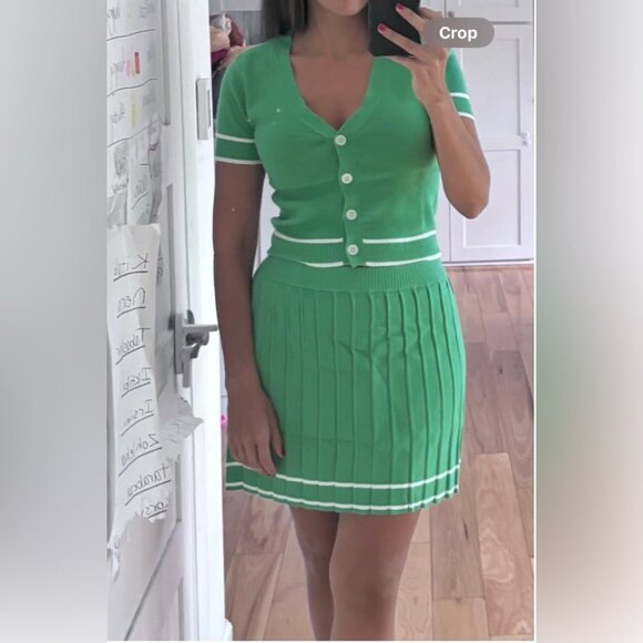 Lulus Marvelously Chic Knit Pleated High-Rise Mini Skirt Set Green Size M/L - Picture 1 of 9